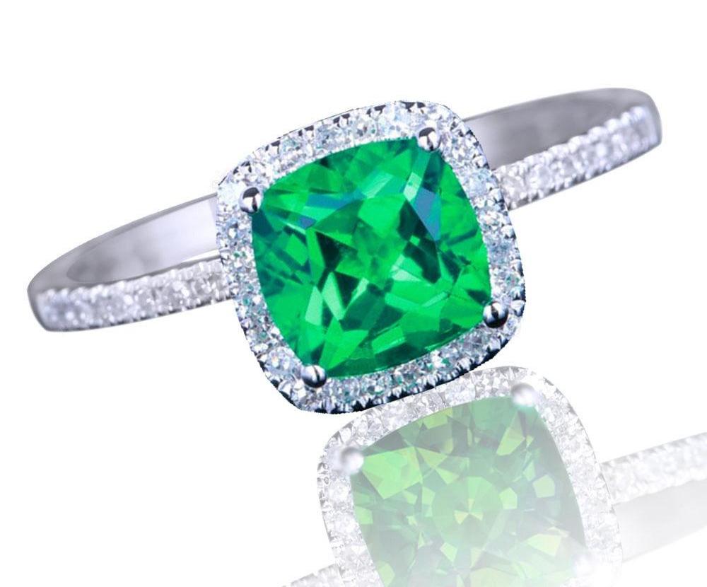 Cushion 0.8ct Treated Emerald Solid 10K White Gold Diamond Engagment Ring