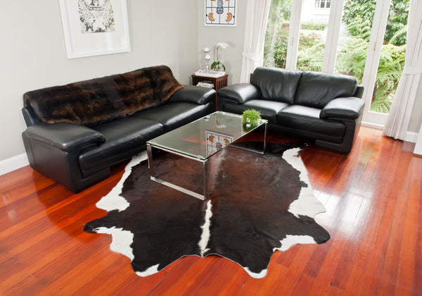 Cowhide rug in room setting