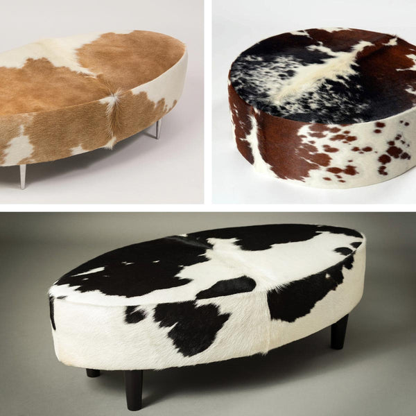 Oval or round cowhide ottomans by Gorgeous Creatures