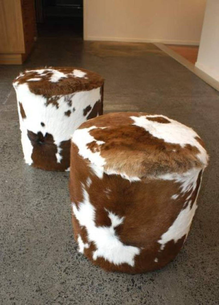 Round Ottoman Footstool Covered In Calf Hide Gorgeous Creatures