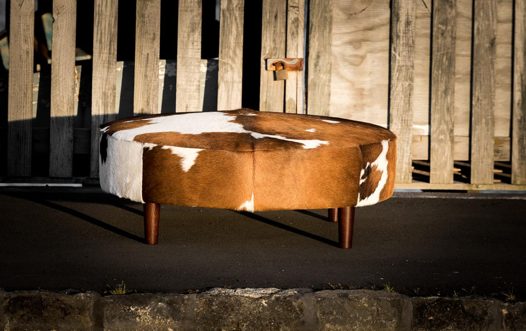 Round Cowhide Ottoman | Tricolour & White Cowhide Ottoman Wood Legs