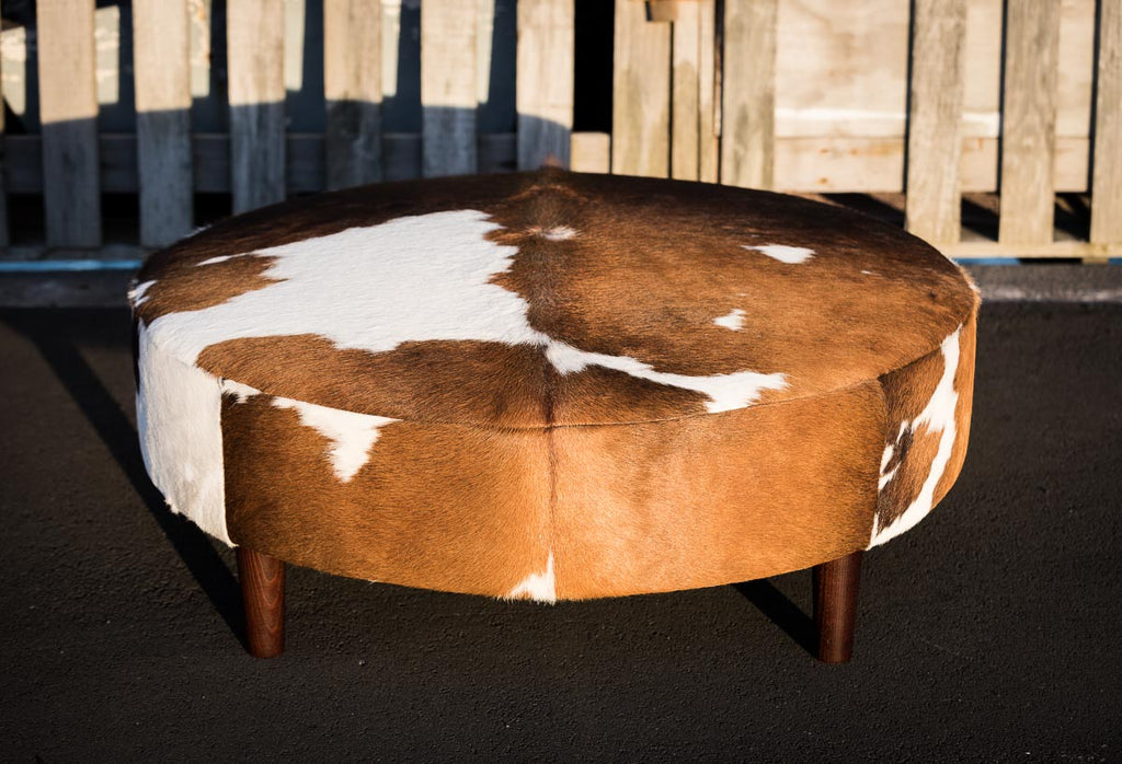 Round Cowhide Ottoman Tricolour White Cowhide Ottoman Wood Legs