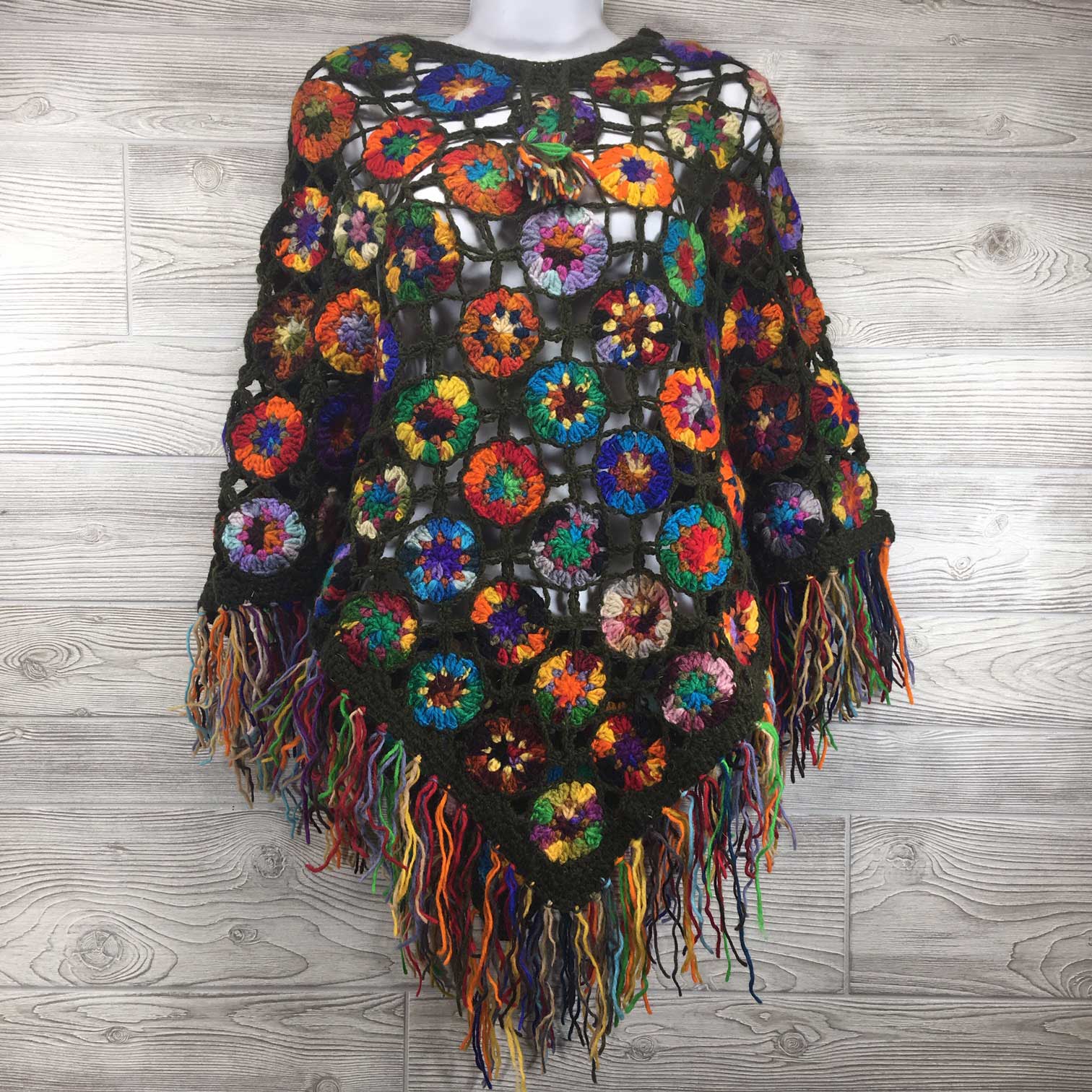 Women's Crochet Granny Square Wool Poncho with Fringes - One Size – Amadara