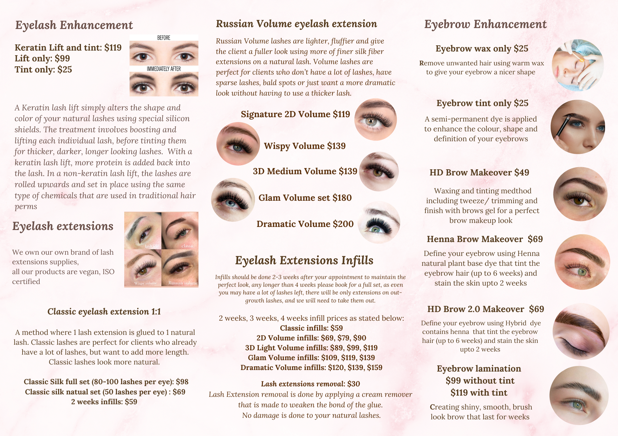 Auckland Lash and brows price list