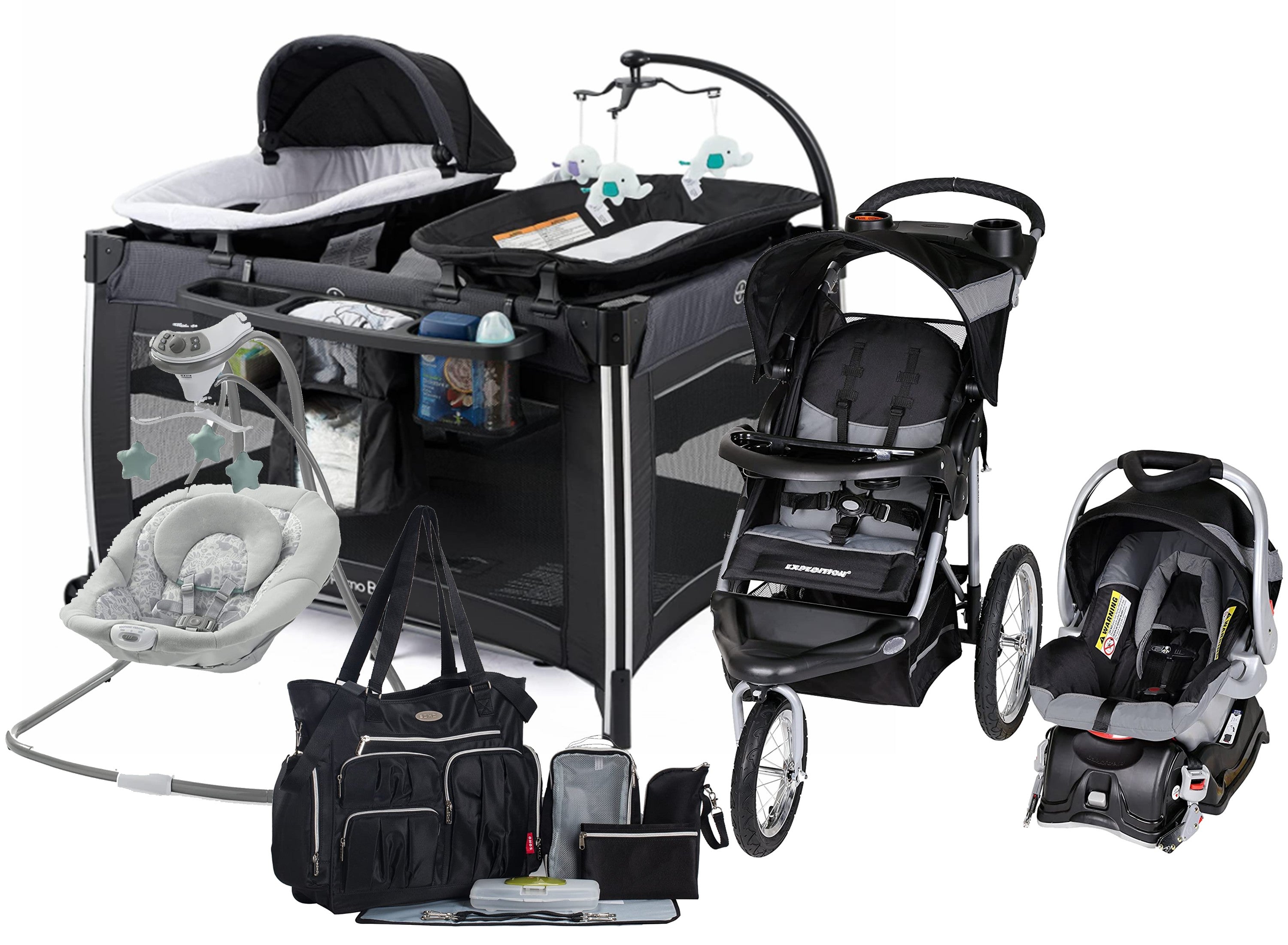 Baby Little Boy Combo Stroller With Car Seat Playard Bag Swing