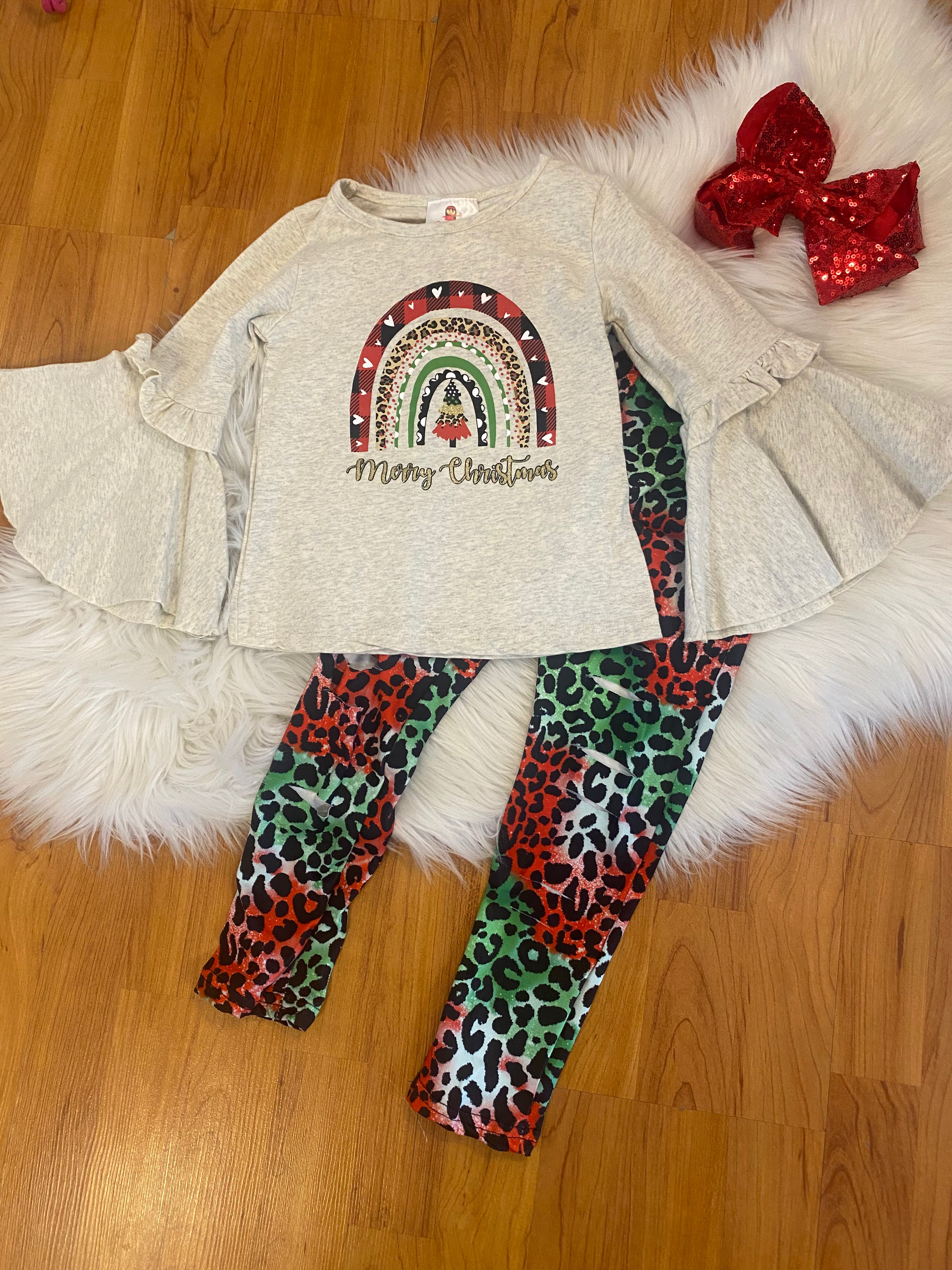 Heather Beige Merry Christmas Rainbow 2pc Matching Leopard Leggings