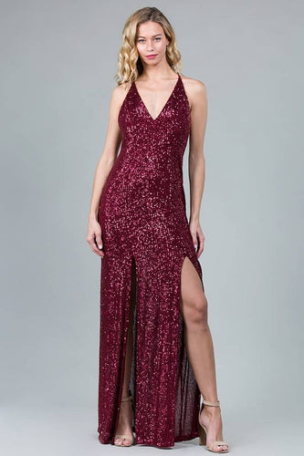 Burgundy Sequin Maxi Dress with High Front Slits
