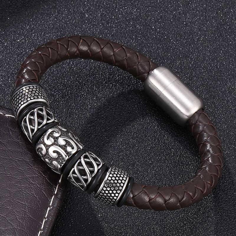 Vintage Jewelry Male Brown Braided Leather Hand Bracelet