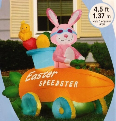 4 1/2' Gemmy Airblown Inflatable Easter Bunny In A Speedster Carrot Car SKU:  46532