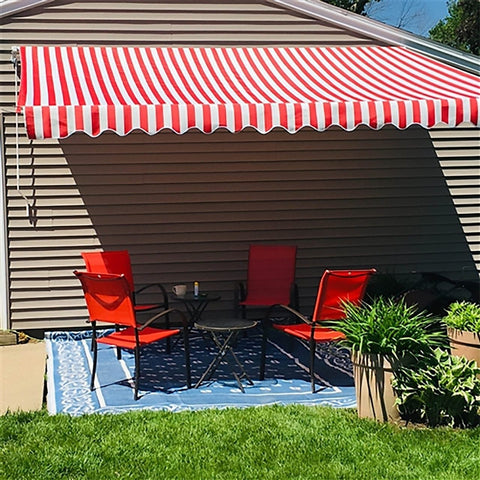 Aleko Awnings 8 x 6.5 Feet Red and White Stripes Retractable White Frame Patio Awning by Aleko 781880247456 AW8X6.5REDWHT05-AP 8x6.5 Ft Red White Stripes Retractable White Frame Patio Awning Aleko