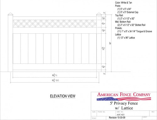 AFC-021   5' Tall x 8' Wide Privacy Fence with Lattice Accent - White