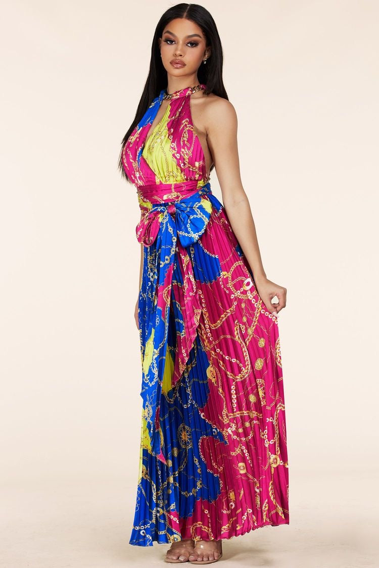 Multi Chain Print Halter Pleated Maxi Dress