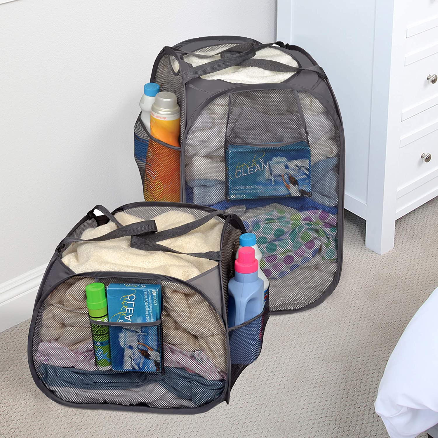 Deluxe Mesh Pop Up Rectangle and Square Hamper Combo - Gray - Smart Design® 2
