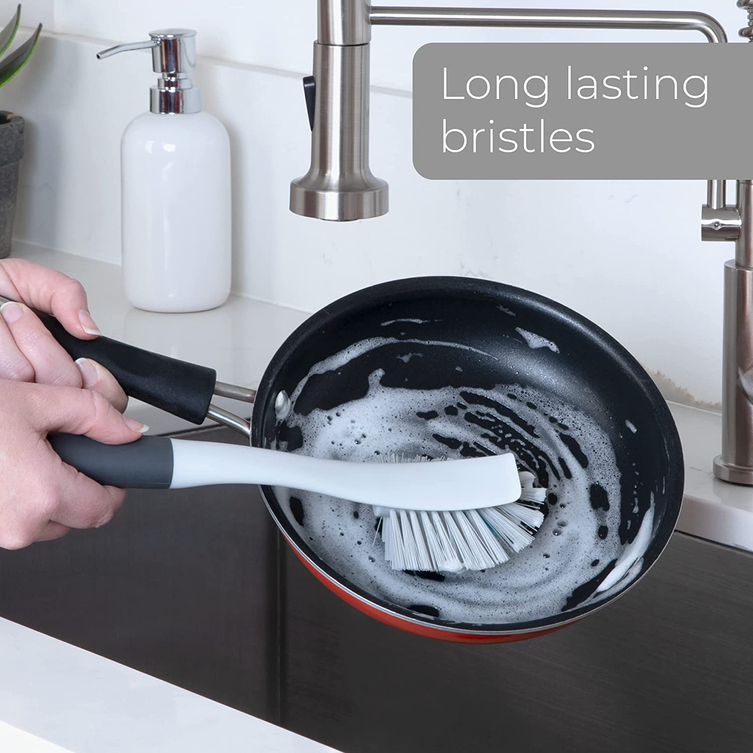 Smart Design All-Purpose Scrub Brush - Contoured Easy Grip Non-Slip Handle - Tough Bristles - Odor Resistant - Dishwasher Safe - Cleaning Pots, Pans