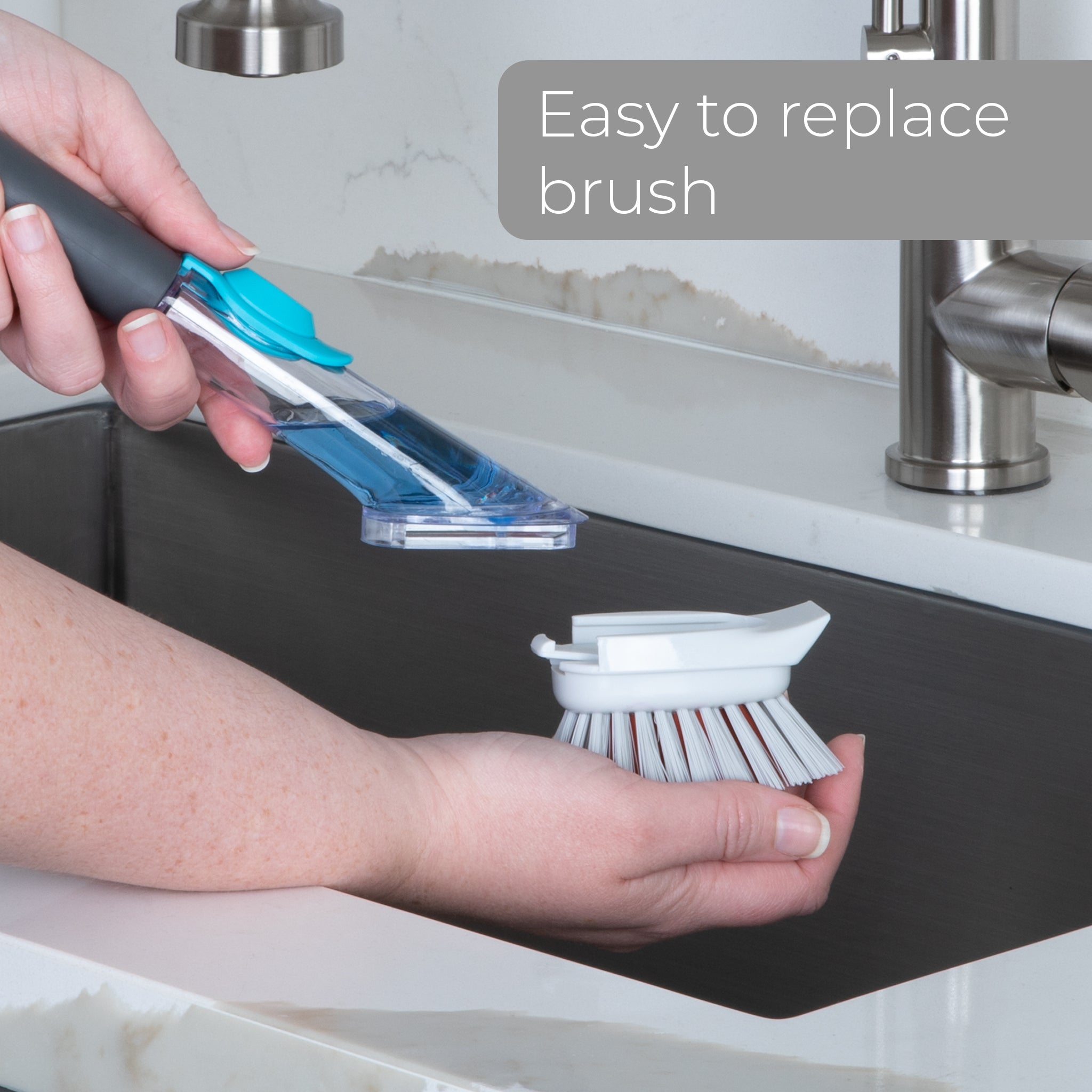 Smart Design Palm Brush & Stand - Contoured Non-Slip Grip - No-Leak Valve - Long Lasting Bristles - Odor Resistant - Dishwasher Safe - Cleaning Pots