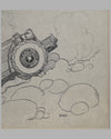 Comical drawing showing 2 friends climbing to the clouds in their little sports car 3