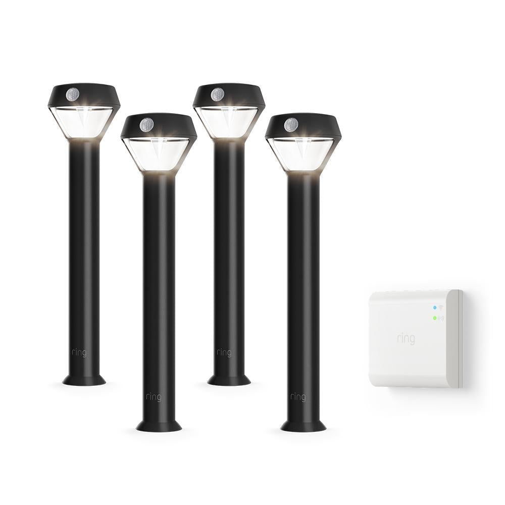 Smart Lighting 4-Pack Solar Pathlight + Bridge - Black:Smart Lighting 4-Pack Solar Pathlight + Bridge