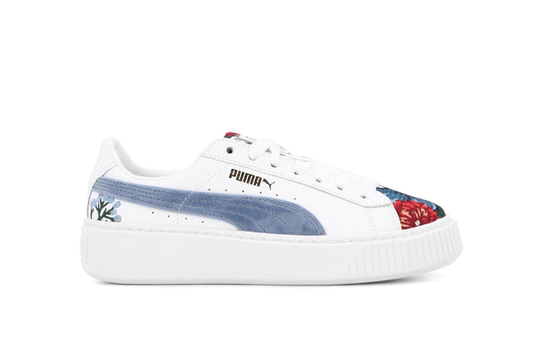 puma suede platforms in white with embroidery