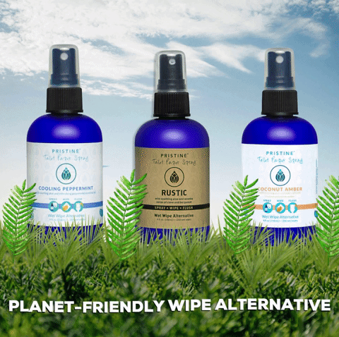 Pristine toilet paper spray is a more natural and eco-friendly alternative to flushable wet wipes.