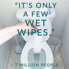 hand placing wet wipe in toilet with text stating, "It's only a few wet wipes said 7 million people"