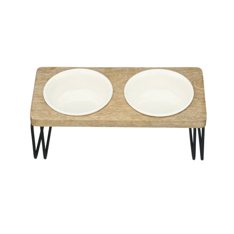 Angled Wooden Pet Feeder with Ceramic Bowls
