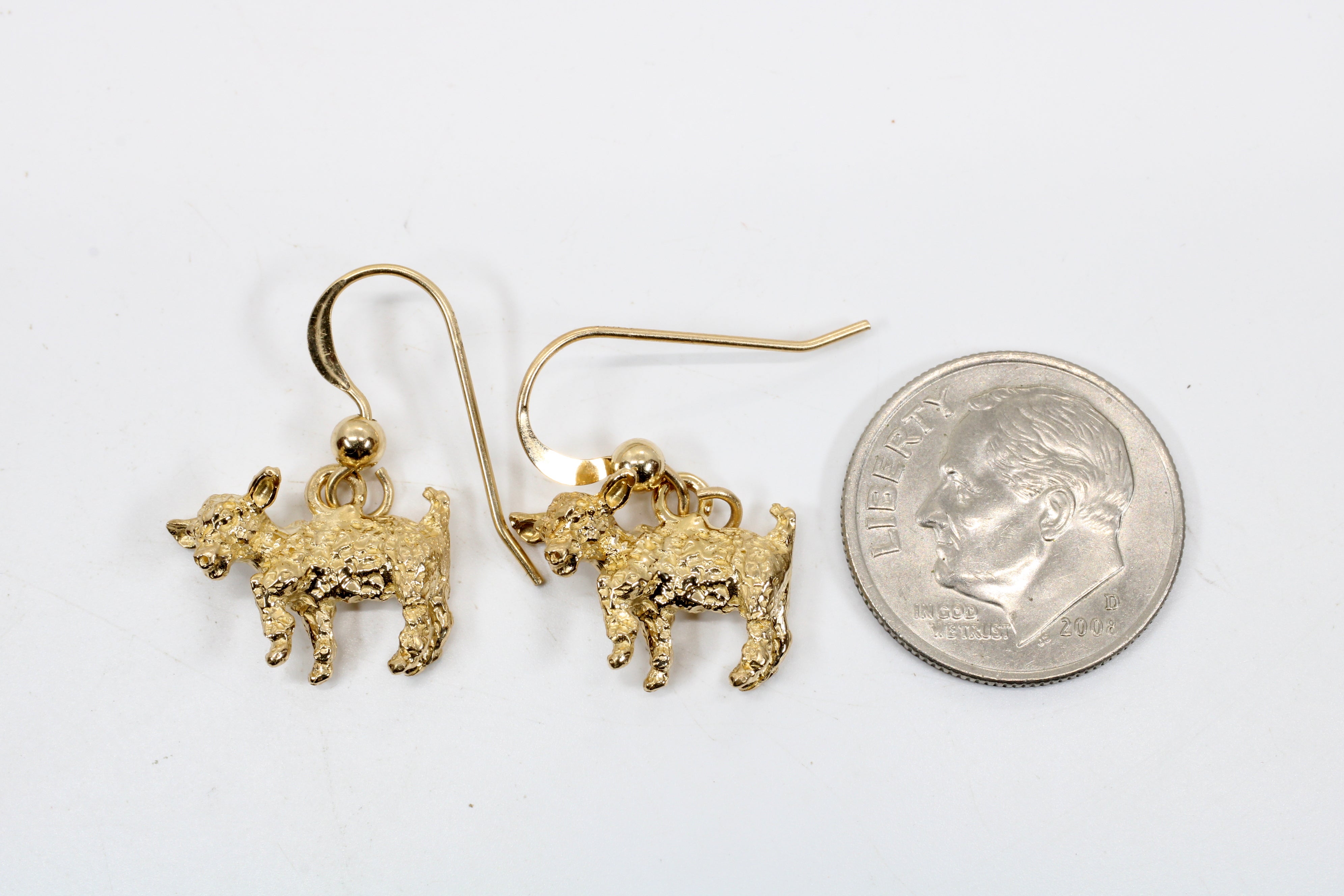 Gold Baby Goat Dangle Earrings with a 3-D Solid 14kt Gold Playful Goats