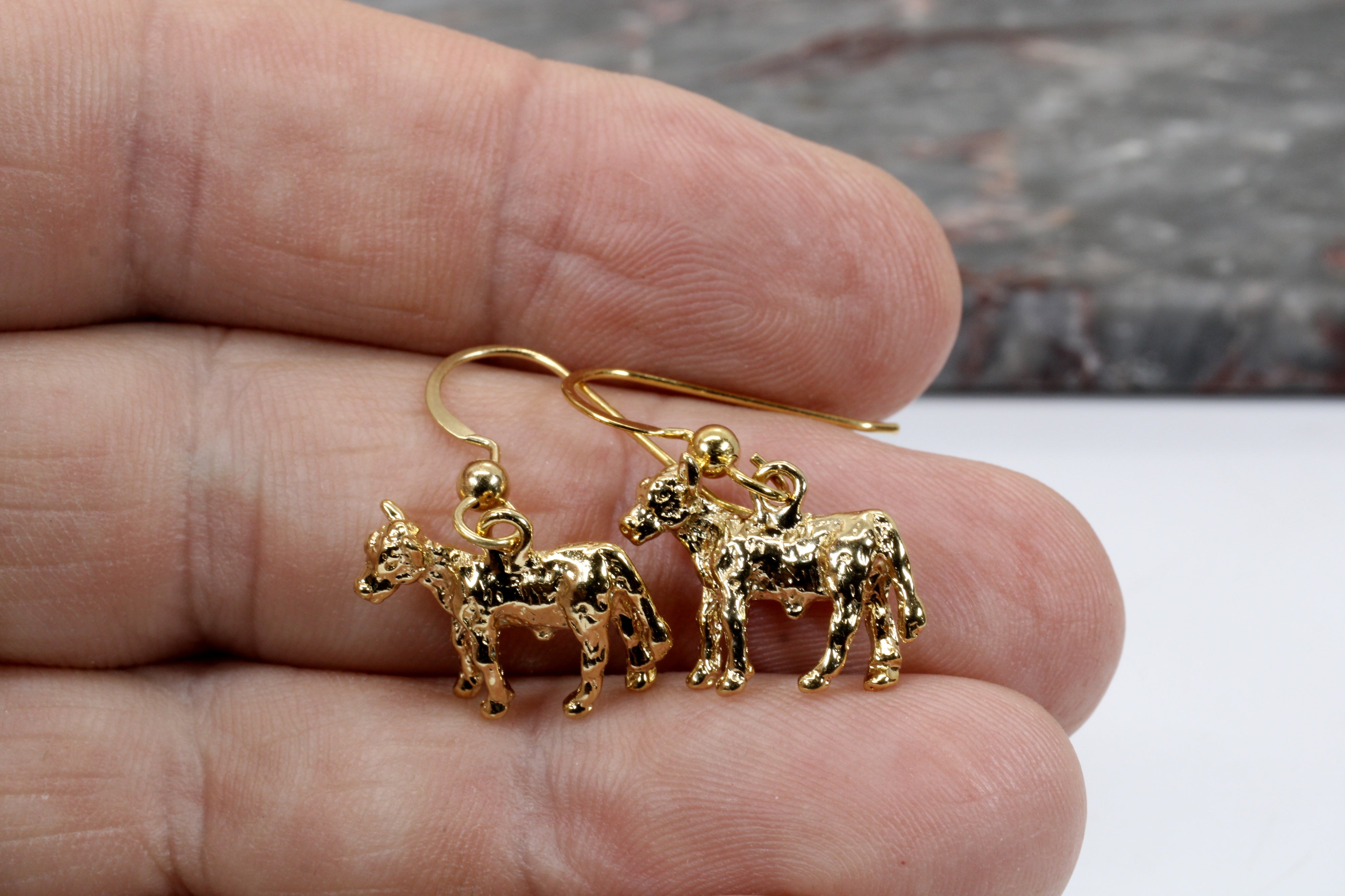 Gold Calf Earrings with 14kt Gold Vermeil Calves dangling on French wires