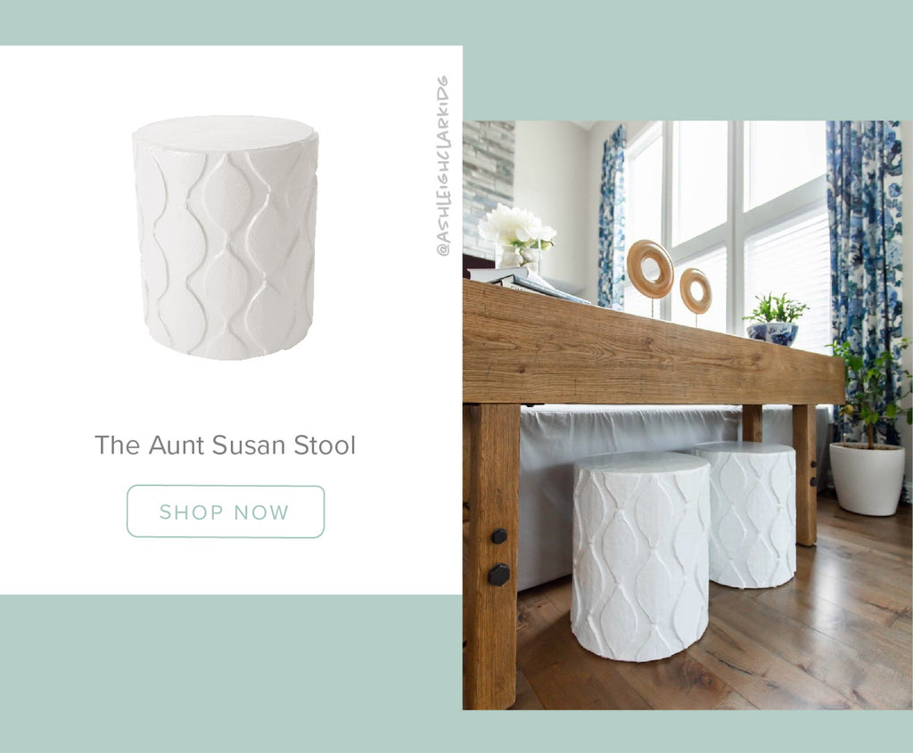 Stray Dog Designs Aunt Susan Stools in a living room designed by Ashleigh Clark Design 