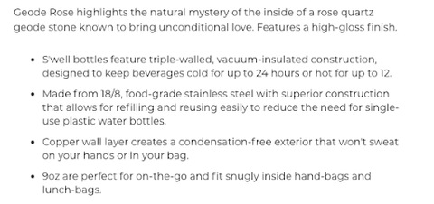 S’well product descriptions for their Geode Rose S’well Bottle