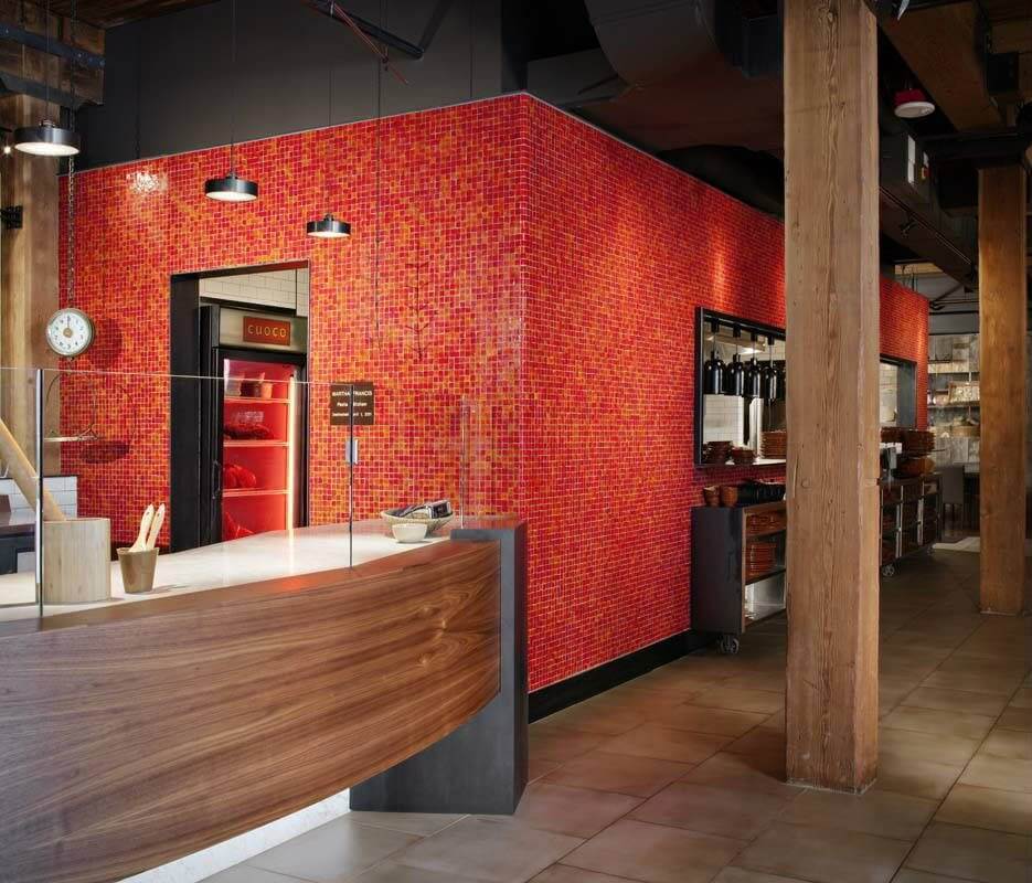 Vibrant Red Tiled Restaurant Wall