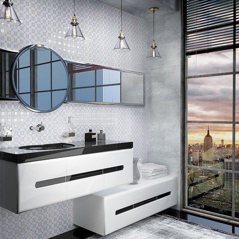 Modern White and Chrome Bathroom with Thassos Octagon With Light Blue Glass Marble Mosaic Tile Backsplash