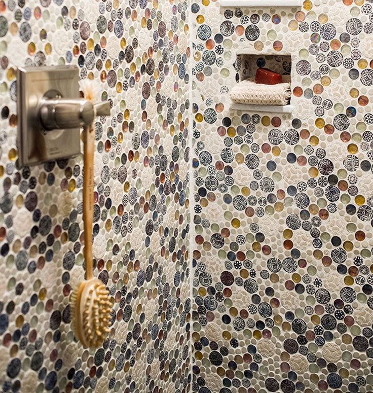 Add a colorful shower wall tile pattern with Mixed Color Bubble Mosaic Tile