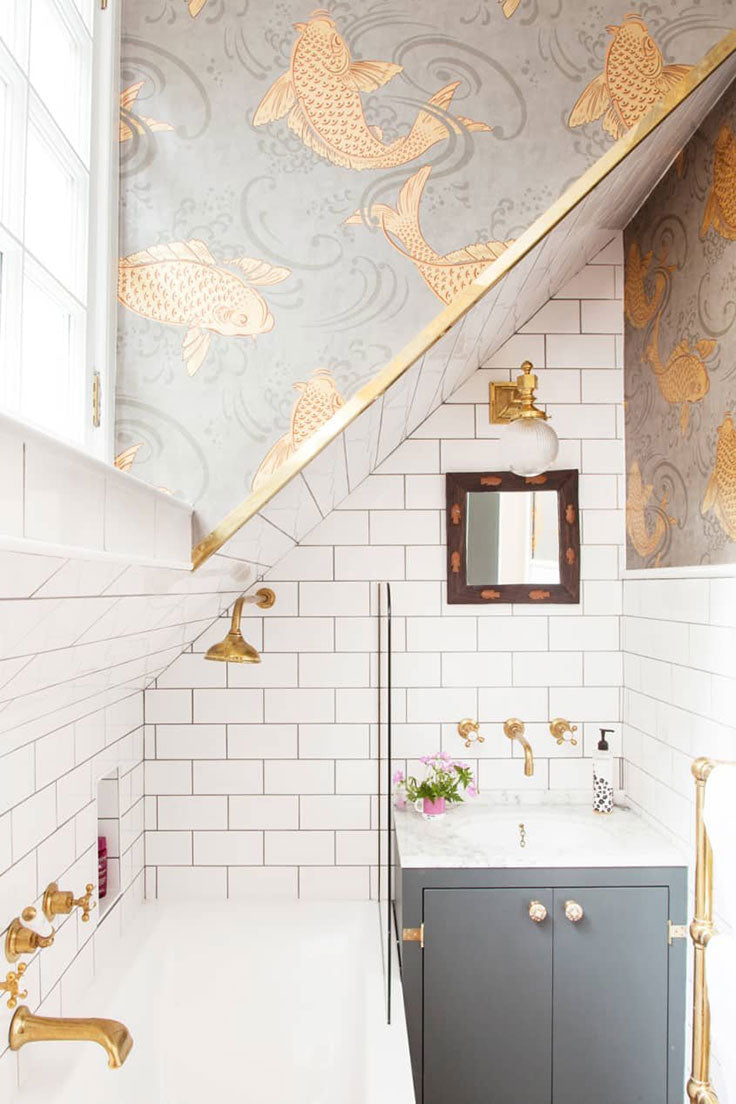 Peach Washstand on Yellow Mosaic Tiled Floor - Transitional - Bathroom