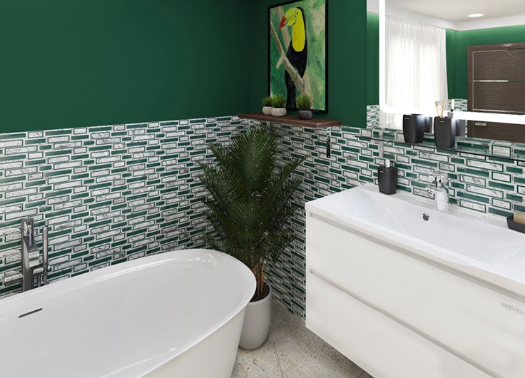 The pop of color from our White & Green Bricks Carrara & Glass Mosaic Tile is a great choice for a bathtub surround