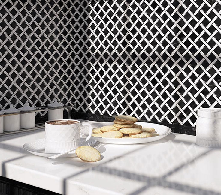 Black and white marble basket weave tile backsplash