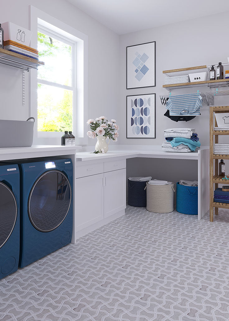 Neutral Mudroom Makeover with a Marble Mosaic Patterned Tile Floor