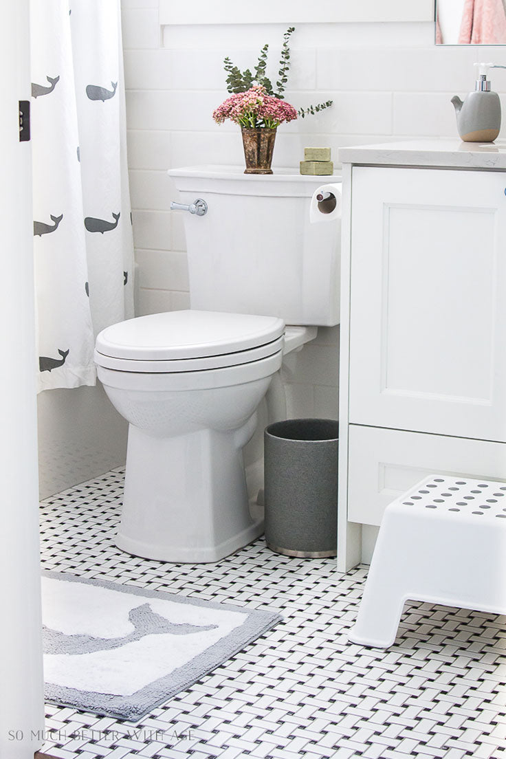 Basket Weave Tile Floors with Cute What Details for a Kid's Bathroom Design Idea