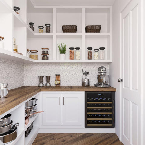 Butler's Pantry Kitchen Backsplash with Ice Cold Penny Round White Glass Bianco Carrara Tiles