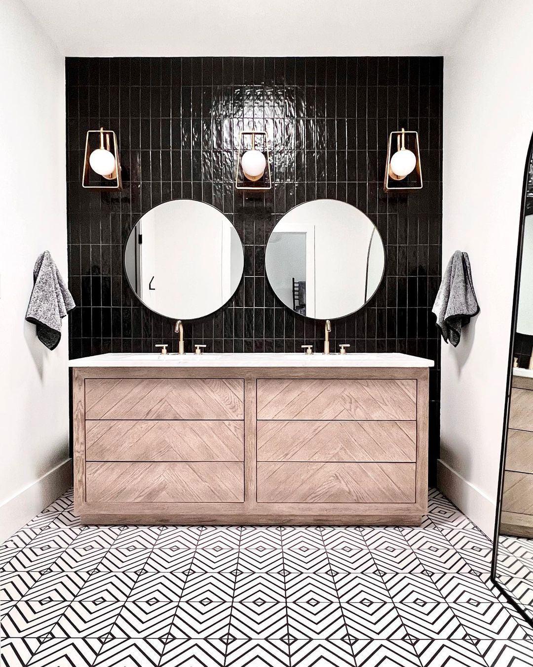 Black Vertical Stacked Subway Tile Bathroom Backsplash