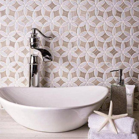 Roman Flower Wooden Beige And Carrara Marble Mosaic Tile