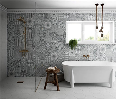 Bathroom Wall with Decorative Mixed Pattern Tex Gray Hexagon Pattern Tiles