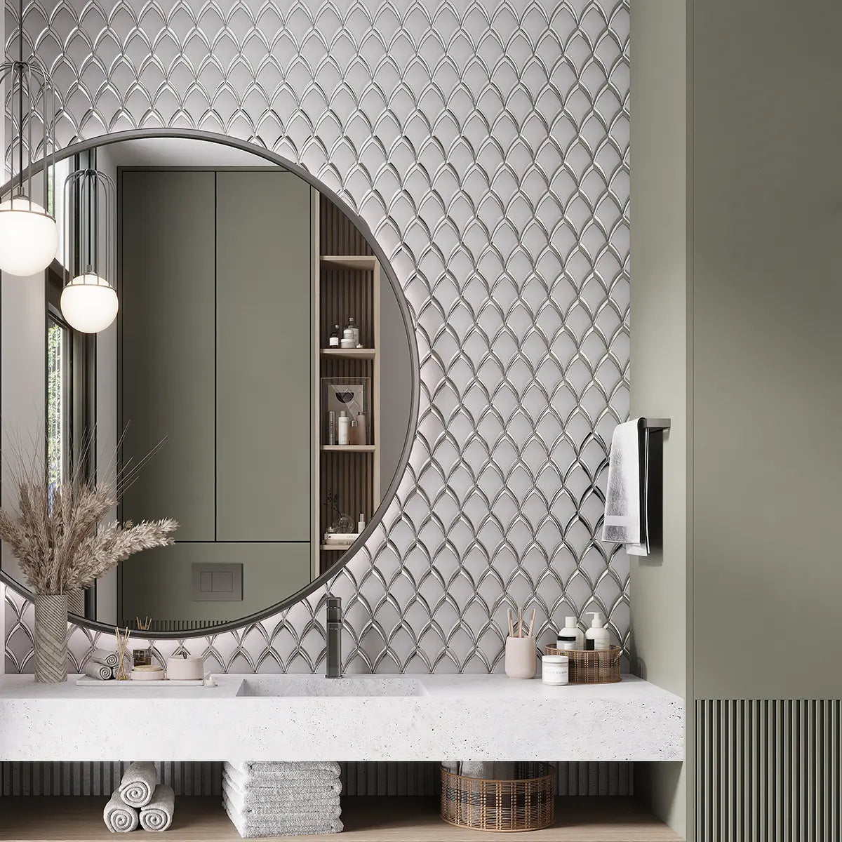 WhiteDecoFanGlassMosaicTilebathroom