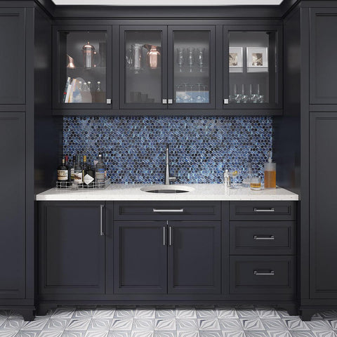 Built-in At Home Bar with blue glass hexagon backsplash tile