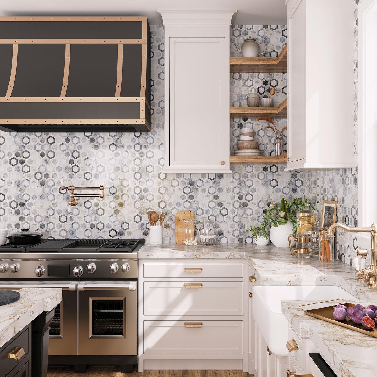 Shades of blue and white marble for a double hexagon tile backsplash for a luxury kitchen