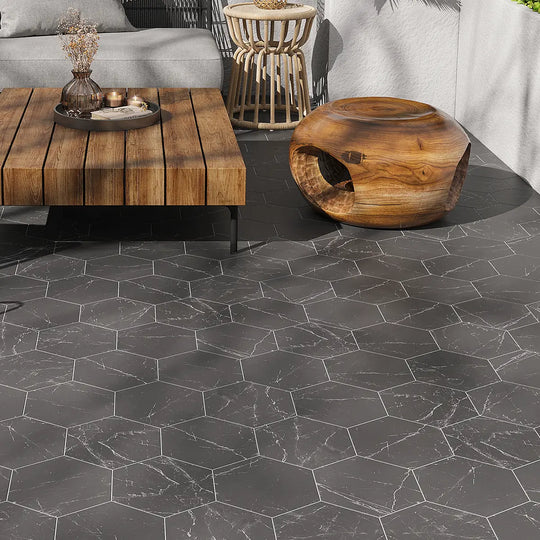 Cosmo Black Marbled Porcelain Hexagon Tile Image 1