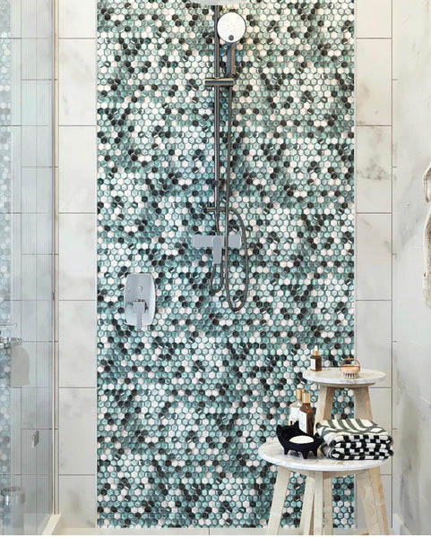 Emerald Hexagon Glass Mosaic for a Colorful Shower Tile Accent