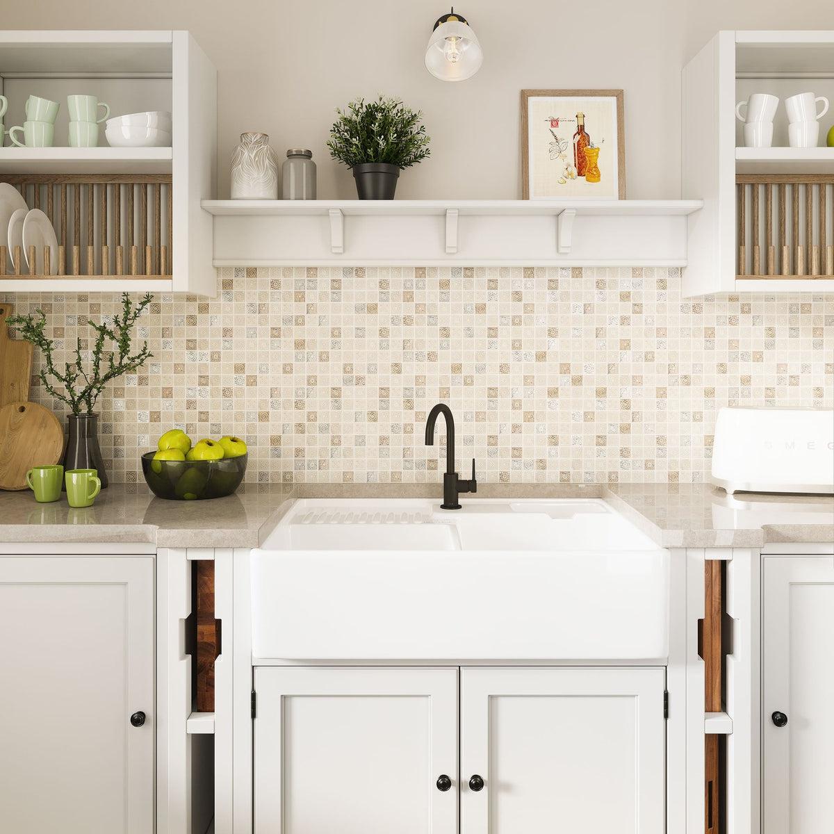 Warm pastel ethnic engraved mosaic tile kitchen