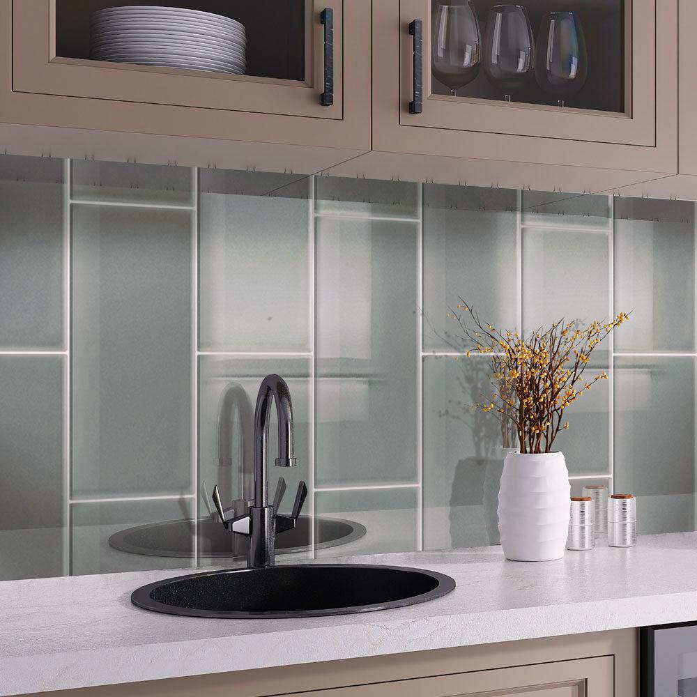 Large Format gray glass subway tile backsplash for a pantry