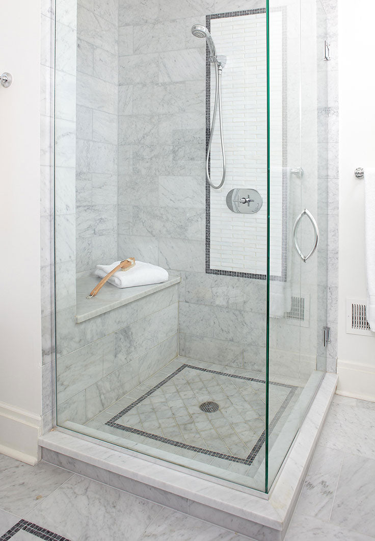 White Marble Shower Enclosure with Border Tile Design