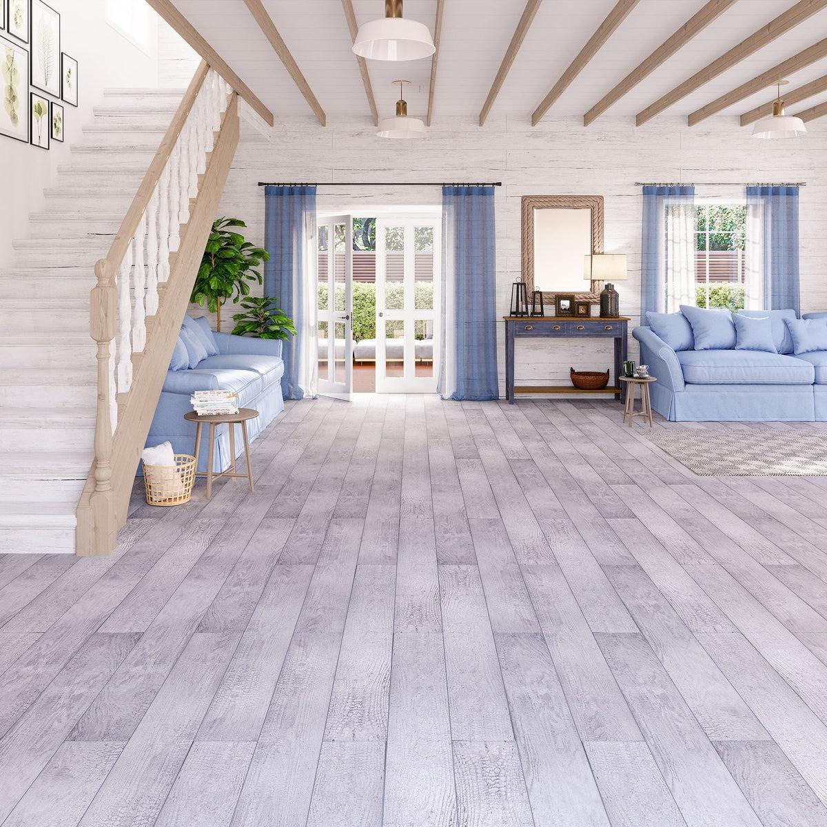 Coastal beach basement gray wood look flooring